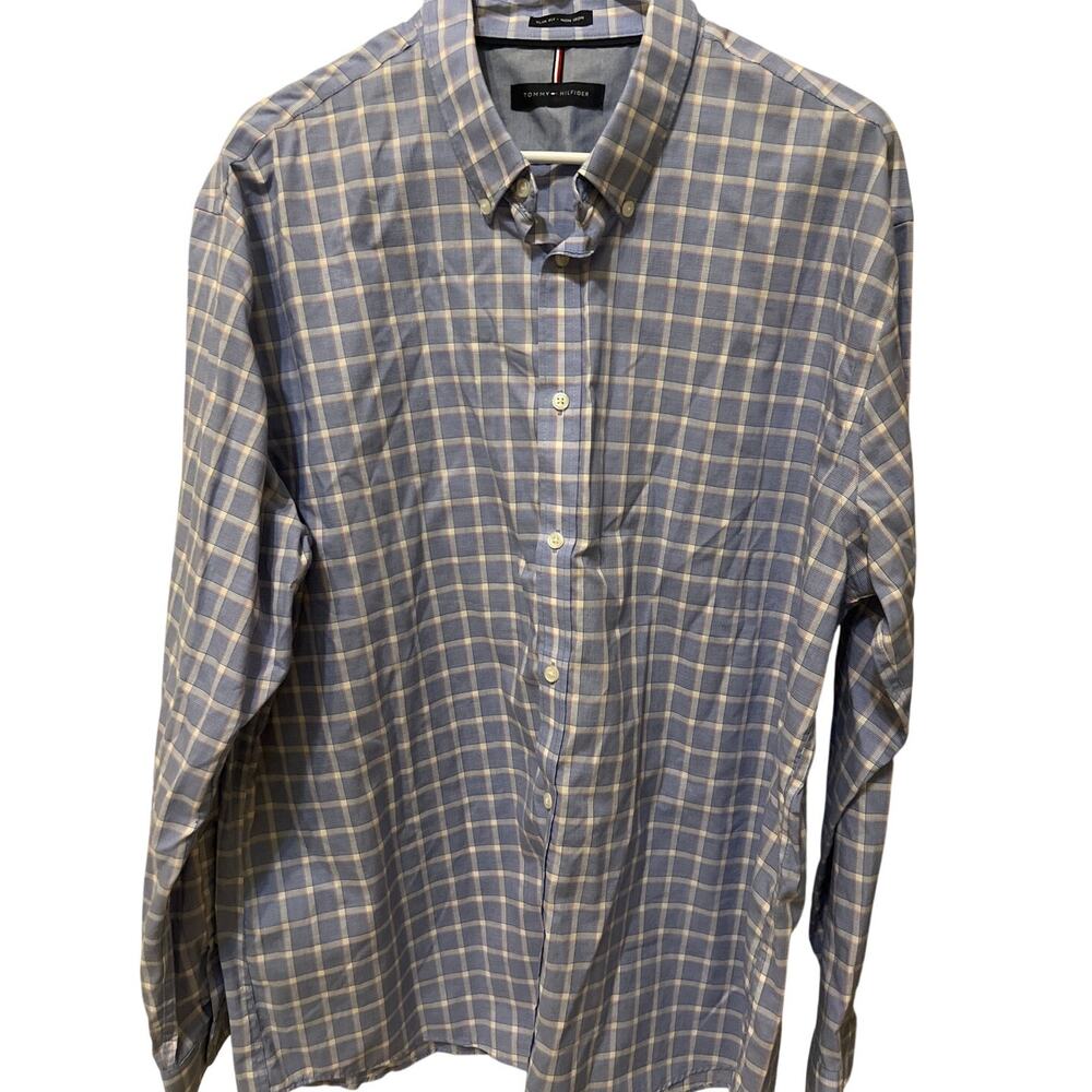 Tommy Hilfiger Men's Blue Plaid Long Sleeve Button Up Shirt Size 18 34/35 Preppy